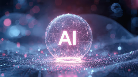 High-tech futuristic background featuring glowing digital elements, neon circuits, holographic particles, and a bold AI lettering in the center. Perfect for tech presentations, AI-の素材