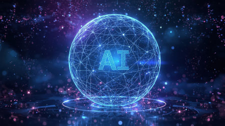 High-tech futuristic background featuring glowing digital elements, neon circuits, holographic particles, and a bold AI lettering in the center. Perfect for tech presentations, AI-の素材