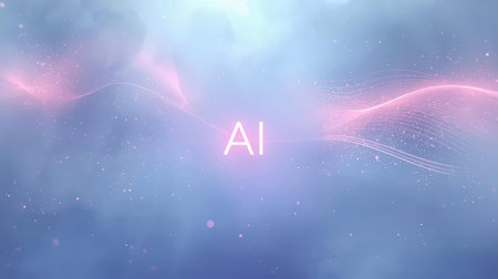 High-tech futuristic background featuring glowing digital elements, neon circuits, holographic particles, and a bold AI lettering in the center. Perfect for tech presentations, AI-の素材