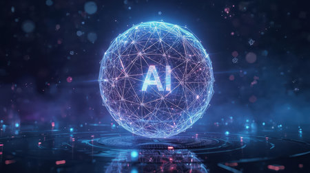 High-tech futuristic background featuring glowing digital elements, neon circuits, holographic particles, and a bold AI lettering in the center. Perfect for tech presentations, AI-の素材