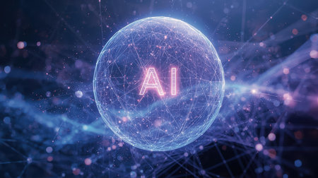 High-tech futuristic background featuring glowing digital elements, neon circuits, holographic particles, and a bold AI lettering in the center. Perfect for tech presentations, AI-の素材