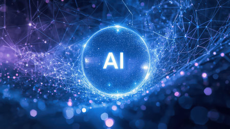 High-tech futuristic background featuring glowing digital elements, neon circuits, holographic particles, and a bold AI lettering in the center. Perfect for tech presentations, AI-の素材