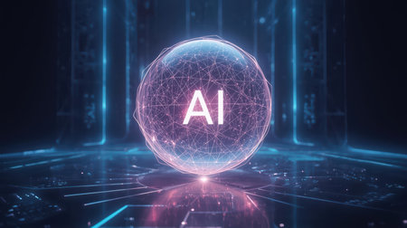 High-tech futuristic background featuring glowing digital elements, neon circuits, holographic particles, and a bold AI lettering in the center. Perfect for tech presentations, AI-の素材