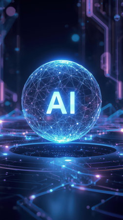 High-tech futuristic background featuring glowing digital elements, neon circuits, holographic particles, and a bold AI lettering in the center. Perfect for tech presentations, AI-の素材