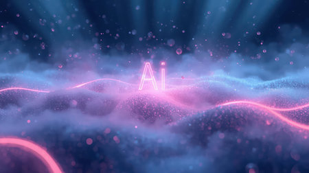 High-tech futuristic background featuring glowing digital elements, neon circuits, holographic particles, and a bold AI lettering in the center. Perfect for tech presentations, AI-の素材