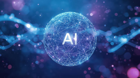 High-tech futuristic background featuring glowing digital elements, neon circuits, holographic particles, and a bold AI lettering in the center. Perfect for tech presentations, AI-の素材