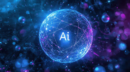 High-tech futuristic background featuring glowing digital elements, neon circuits, holographic particles, and a bold AI lettering in the center. Perfect for tech presentations, AI-の素材