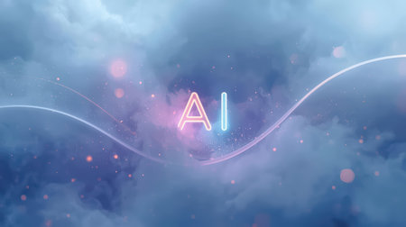 High-tech futuristic background featuring glowing digital elements, neon circuits, holographic particles, and a bold AI lettering in the center. Perfect for tech presentations, AI-の素材