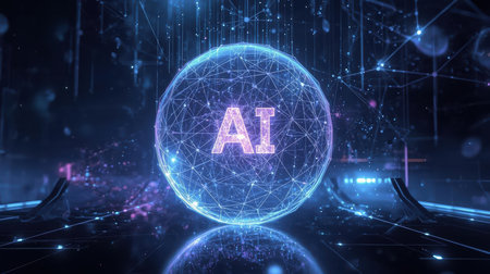 High-tech futuristic background featuring glowing digital elements, neon circuits, holographic particles, and a bold AI lettering in the center. Perfect for tech presentations, AI-の素材