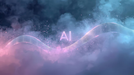 High-tech futuristic background featuring glowing digital elements, neon circuits, holographic particles, and a bold AI lettering in the center. Perfect for tech presentations, AI-の素材