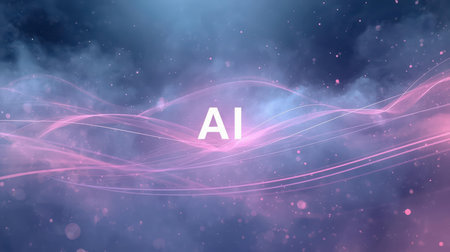 High-tech futuristic background featuring glowing digital elements, neon circuits, holographic particles, and a bold AI lettering in the center. Perfect for tech presentations, AI-の素材