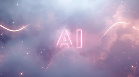 High-tech futuristic background featuring glowing digital elements, neon circuits, holographic particles, and a bold AI lettering in the center. Perfect for tech presentations, AI-の素材