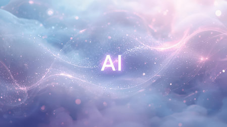 High-tech futuristic background featuring glowing digital elements, neon circuits, holographic particles, and a bold AI lettering in the center. Perfect for tech presentations, AI-の素材