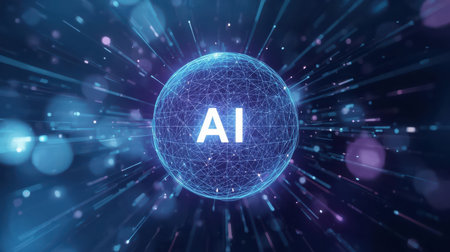 High-tech futuristic background featuring glowing digital elements, neon circuits, holographic particles, and a bold AI lettering in the center. Perfect for tech presentations, AI-の素材