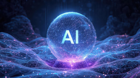 High-tech futuristic background featuring glowing digital elements, neon circuits, holographic particles, and a bold AI lettering in the center. Perfect for tech presentations, AI-の素材