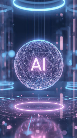 High-tech futuristic background featuring glowing digital elements, neon circuits, holographic particles, and a bold AI lettering in the center. Perfect for tech presentations, AI-の素材