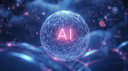 High-tech futuristic background featuring glowing digital elements, neon circuits, holographic particles, and a bold AI lettering in the center. Perfect for tech presentations, AI-の素材