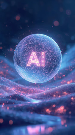 High-tech futuristic background featuring glowing digital elements, neon circuits, holographic particles, and a bold AI lettering in the center. Perfect for tech presentations, AI-の素材