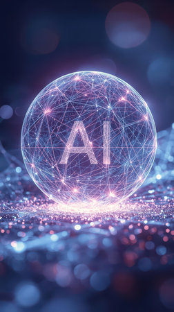 High-tech futuristic background featuring glowing digital elements, neon circuits, holographic particles, and a bold AI lettering in the center. Perfect for tech presentations, AI-の素材