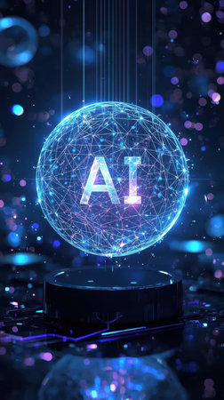 High-tech futuristic background featuring glowing digital elements, neon circuits, holographic particles, and a bold AI lettering in the center. Perfect for tech presentations, AI-の素材