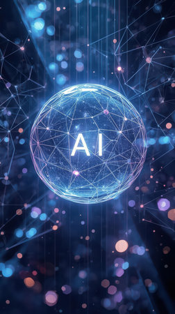 High-tech futuristic background featuring glowing digital elements, neon circuits, holographic particles, and a bold AI lettering in the center. Perfect for tech presentations, AI-の素材