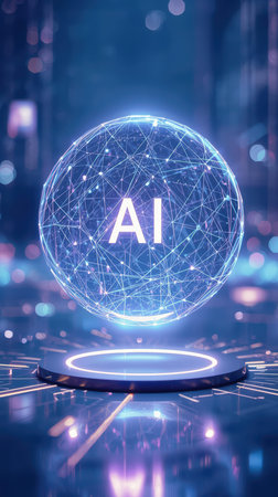 High-tech futuristic background featuring glowing digital elements, neon circuits, holographic particles, and a bold AI lettering in the center. Perfect for tech presentations, AI-の素材