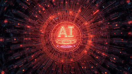 High-tech futuristic background featuring glowing digital elements, neon circuits, holographic particles, and a bold AI lettering in the center. Perfect for tech presentations, AI-の素材