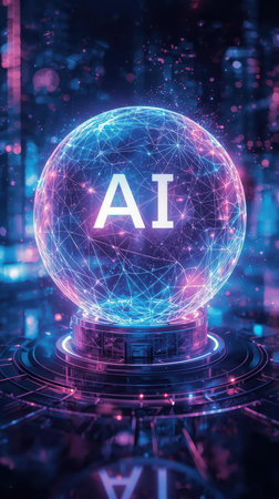 High-tech futuristic background featuring glowing digital elements, neon circuits, holographic particles, and a bold AI lettering in the center. Perfect for tech presentations, AI-の素材