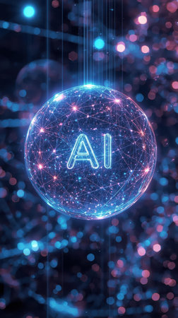 High-tech futuristic background featuring glowing digital elements, neon circuits, holographic particles, and a bold AI lettering in the center. Perfect for tech presentations, AI-の素材