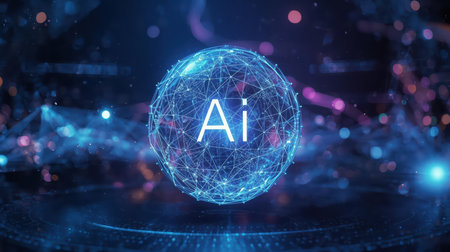 High-tech futuristic background featuring glowing digital elements, neon circuits, holographic particles, and a bold AI lettering in the center. Perfect for tech presentations, AI-の素材