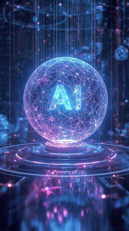 High-tech futuristic background featuring glowing digital elements, neon circuits, holographic particles, and a bold AI lettering in the center. Perfect for tech presentations, AI-の素材