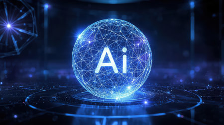 High-tech futuristic background featuring glowing digital elements, neon circuits, holographic particles, and a bold AI lettering in the center. Perfect for tech presentations, AI-の素材