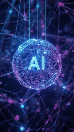 High-tech futuristic background featuring glowing digital elements, neon circuits, holographic particles, and a bold AI lettering in the center. Perfect for tech presentations, AI-の素材