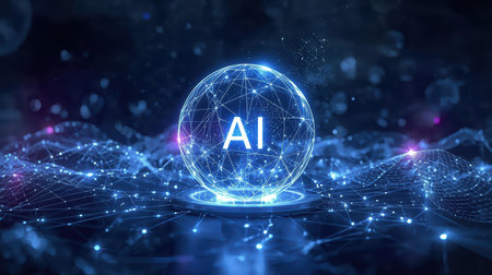 High-tech futuristic background featuring glowing digital elements, neon circuits, holographic particles, and a bold AI lettering in the center. Perfect for tech presentations, AI-の素材