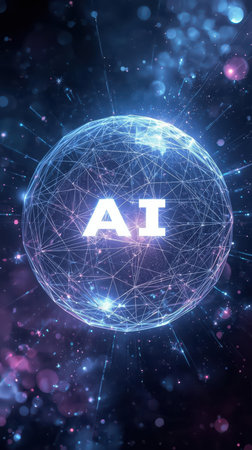 High-tech futuristic background featuring glowing digital elements, neon circuits, holographic particles, and a bold AI lettering in the center. Perfect for tech presentations, AI-の素材