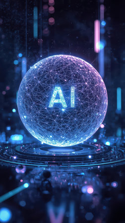 High-tech futuristic background featuring glowing digital elements, neon circuits, holographic particles, and a bold AI lettering in the center. Perfect for tech presentations, AI-の素材