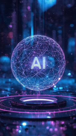 High-tech futuristic background featuring glowing digital elements, neon circuits, holographic particles, and a bold AI lettering in the center. Perfect for tech presentations, AI-の素材
