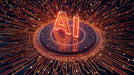 High-tech futuristic background featuring glowing digital elements, neon circuits, holographic particles, and a bold AI lettering in the center. Perfect for tech presentations, AI-の素材