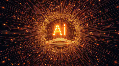 High-tech futuristic background featuring glowing digital elements, neon circuits, holographic particles, and a bold AI lettering in the center. Perfect for tech presentations, AI-の素材