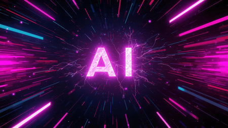 High-tech futuristic background featuring glowing digital elements, neon circuits, holographic particles, and a bold AI lettering in the center. Perfect for tech presentations, AI-の素材