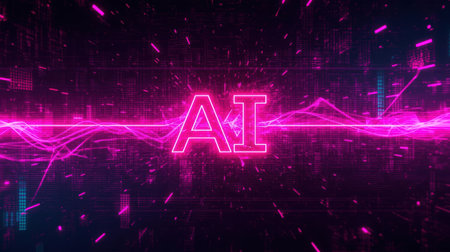 High-tech futuristic background featuring glowing digital elements, neon circuits, holographic particles, and a bold AI lettering in the center. Perfect for tech presentations, AI-の素材