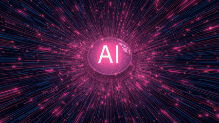 High-tech futuristic background featuring glowing digital elements, neon circuits, holographic particles, and a bold AI lettering in the center. Perfect for tech presentations, AI-の素材