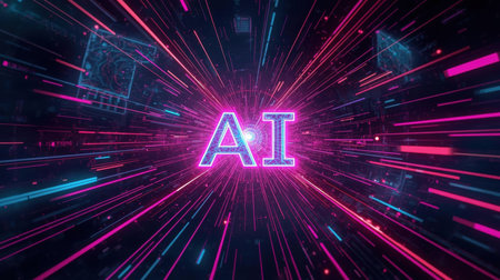 High-tech futuristic background featuring glowing digital elements, neon circuits, holographic particles, and a bold AI lettering in the center. Perfect for tech presentations, AI-の素材