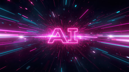 High-tech futuristic background featuring glowing digital elements, neon circuits, holographic particles, and a bold AI lettering in the center. Perfect for tech presentations, AI-の素材