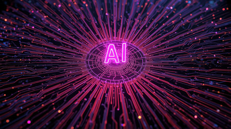 High-tech futuristic background featuring glowing digital elements, neon circuits, holographic particles, and a bold AI lettering in the center. Perfect for tech presentations, AI-の素材