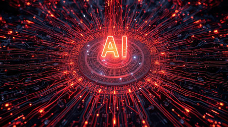 High-tech futuristic background featuring glowing digital elements, neon circuits, holographic particles, and a bold AI lettering in the center. Perfect for tech presentations, AI-の素材