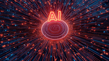 High-tech futuristic background featuring glowing digital elements, neon circuits, holographic particles, and a bold AI lettering in the center. Perfect for tech presentations, AI-の素材
