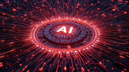 High-tech futuristic background featuring glowing digital elements, neon circuits, holographic particles, and a bold AI lettering in the center. Perfect for tech presentations, AI-の素材