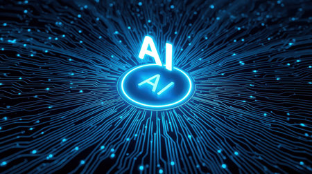 High-tech futuristic background featuring glowing digital elements, neon circuits, holographic particles, and a bold AI lettering in the center. Perfect for tech presentations, AI-の素材
