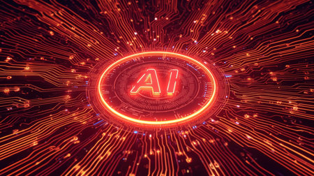 High-tech futuristic background featuring glowing digital elements, neon circuits, holographic particles, and a bold AI lettering in the center. Perfect for tech presentations, AI-の素材